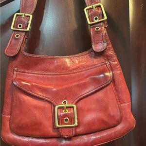Coach Red Leather Shoulder Bag with Brass Hardware